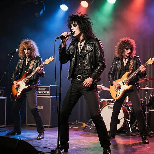 Photograph of three male punk rock musicians with spiky hair, leather jackets, and black pants, performing on stage with colorful lights. Two play electric