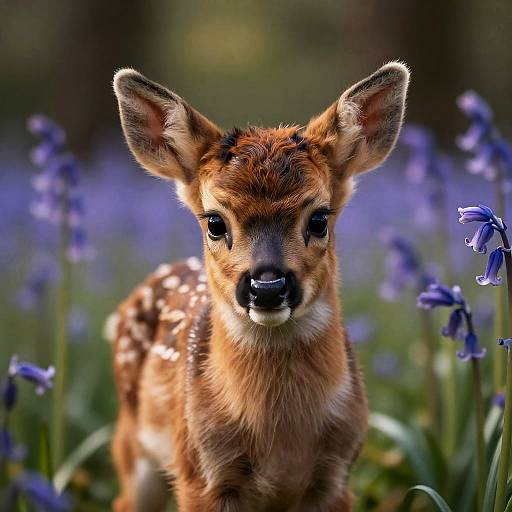 Hyperrealistic Baby Fawn Among Bluebells