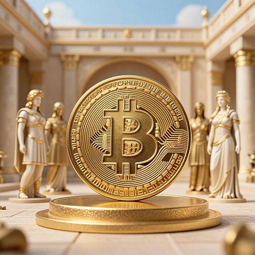 Photograph of a gold Bitcoin coin with detailed circuit patterns, standing on a pedestal in a classical, sunlit courtyard with ancient Roman-style statues in the