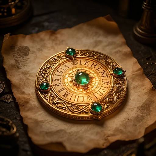 Photograph of an ornate, gold, circular ring with a green gemstone at its center, inscribed 