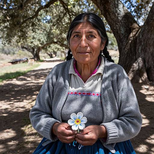 Photograph of an elderly Indigenous woman with dark hair in braids, wearing a gray sweater and blue skirt, holding a white flower, standing under a