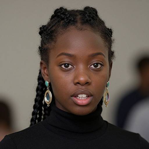 Photograph of a young Black woman with dark skin, braided hair, wearing teal and gold hoop earrings, black turtleneck, and neutral background