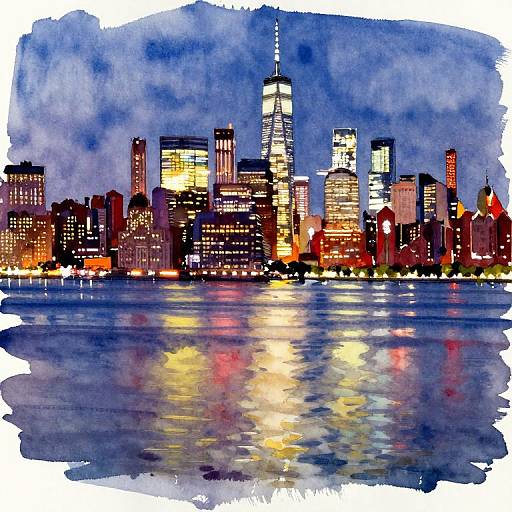 Colorful Watercolor NYC Skyline Night