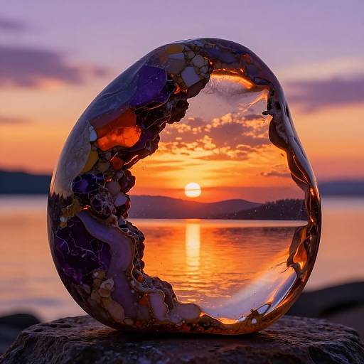 Photograph of a transparent, marbled glass orb framing a vibrant sunset over a calm lake, with reflections and colorful sky.