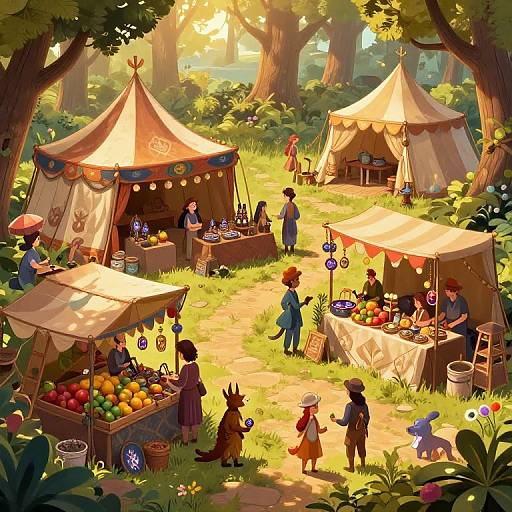 Vibrant digital illustration of a sunlit forest market with two tents, colorful produce, lanterns, and various anthropomorphic animals interacting.