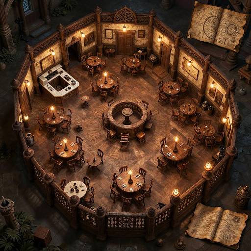 Aerial photograph of a warmly lit, circular medieval-style dining room with wooden tables, chairs, and candles, surrounded by ornate stone walls.