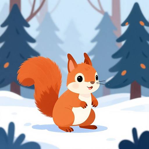 Colorful Cartoon Squirrel in Winter Forest