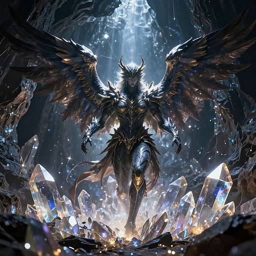 Digital fantasy artwork of a dark, winged, horned creature with glowing blue eyes, standing amidst radiant, crystal formations in a cavern.