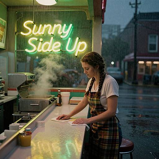 Retro Neon Diner Rainy Night Scene