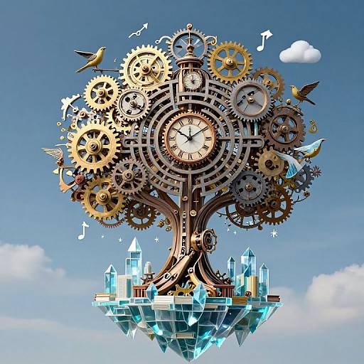 Digital artwork of a clock tree with golden gears, multiple clocks, birds, floating crystals, and blue sky background. Steampunk style.