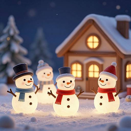 Photograph of illuminated snowmen with black top hats and red/orange scarves, standing in front of a cozy, snow-covered wooden house at night