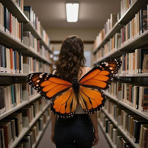 Photograph of a woman with long brown hair, wearing large orange and black butterfly wings, standing in a library aisle.