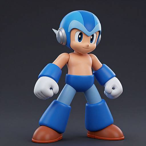 CGI image of Mega Man, a blue, cartoon-style robot with a human-like face, white gloves, and red shoes, standing against a dark