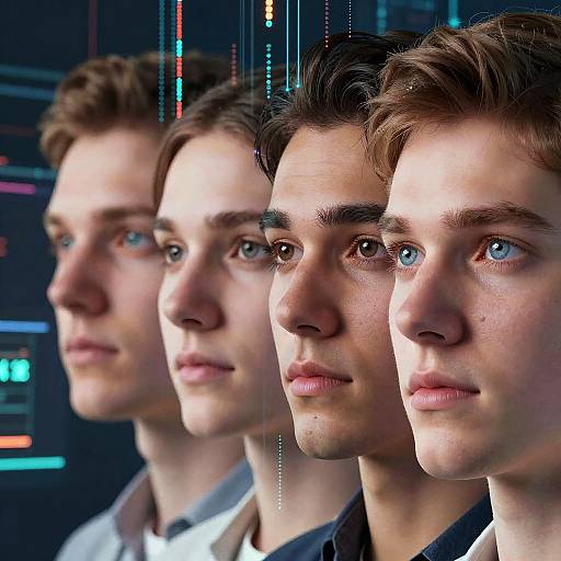 Photorealistic CGI image of four young Caucasian men with blue eyes, brown hair, and serious expressions, lined up in a row, with neon-l