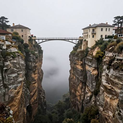 Photograph of a foggy, mist-covered cliff with two beige houses on either side, connected by an arched metal bridge. Rocky cliffs frame the