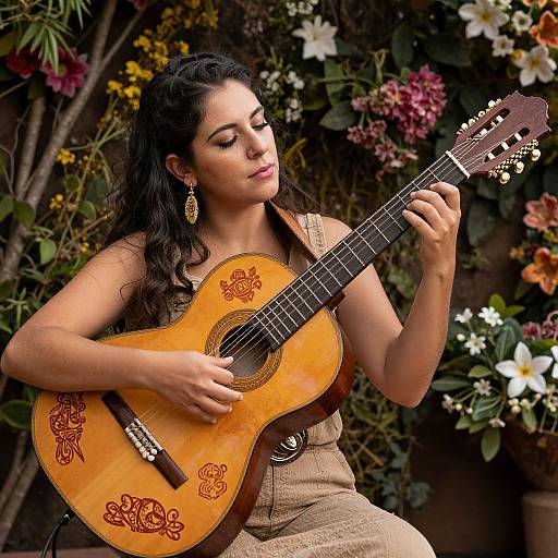Photograph of a Latina woman with long dark hair, wearing a beige dress and gold earrings, playing an ornately decorated acoustic guitar amidst a vibrant garden