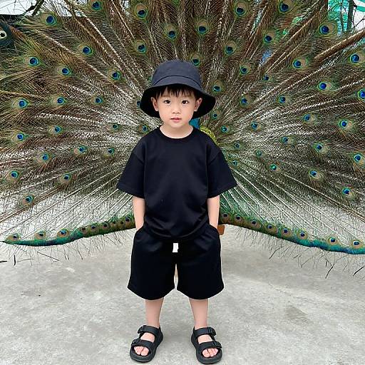 Boy in Black Outfit by Peacock Display