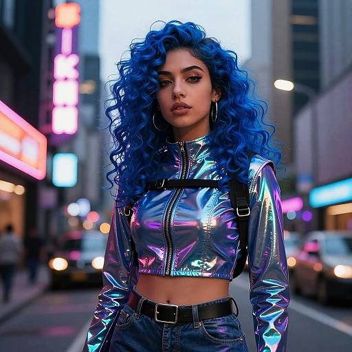 Curly Blue-Haired Woman in Neon City