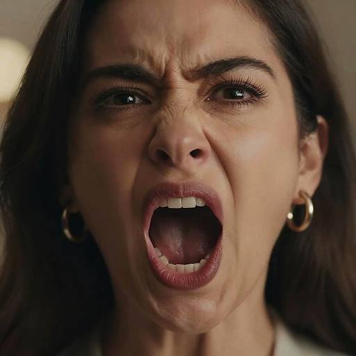 Close-up photograph of a woman with dark brown hair, wearing gold hoop earrings, screaming with furrowed brows, open mouth, and visible teeth.