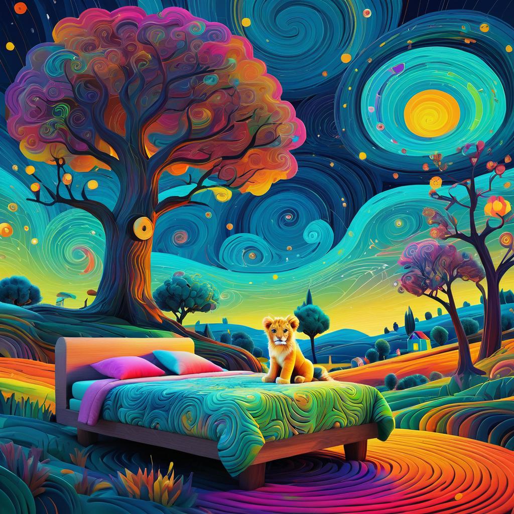 Whimsical Child and Lion in Colorful Dream