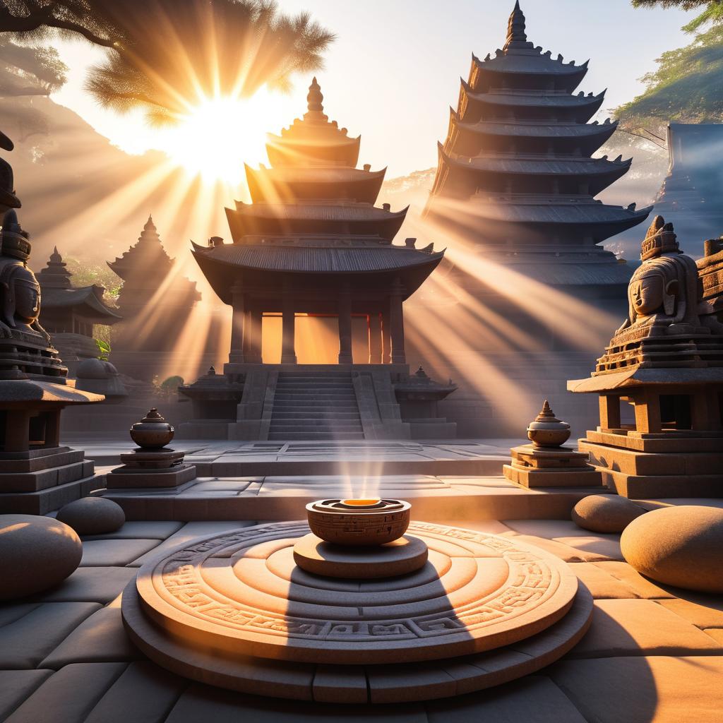 Ancient Temple at Sunrise with Incense