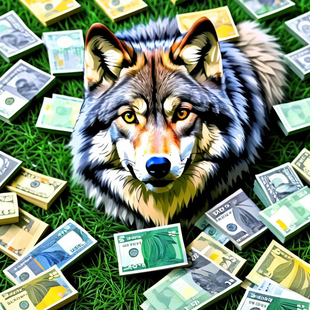 Humorous Gray Wolf Counting Money Portrait