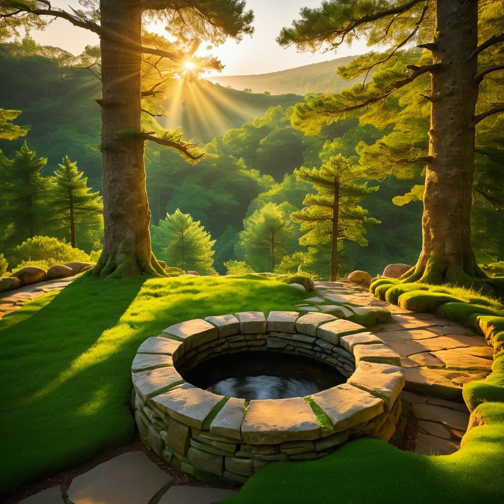 Enchanting Forest with Ancient Well at Sunset