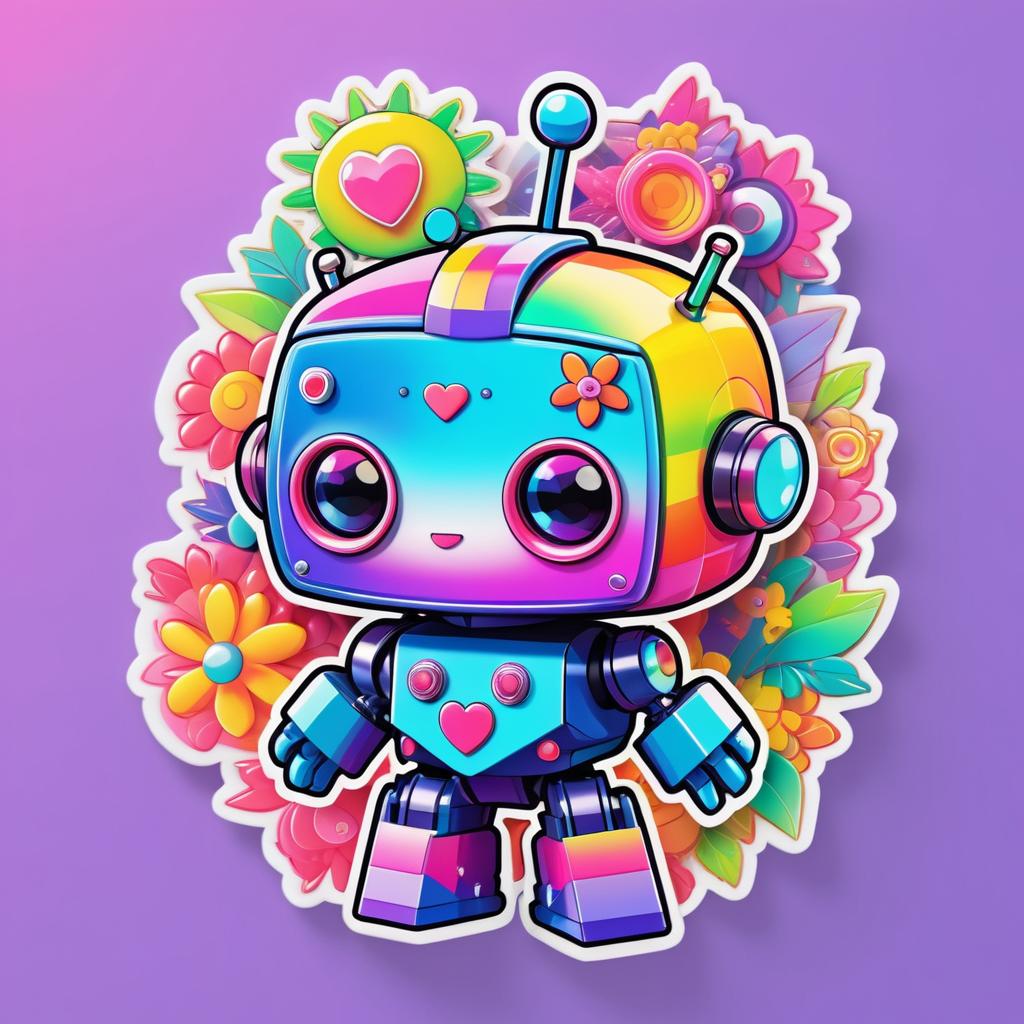 Kawaii Robot Sticker with Floral Splash