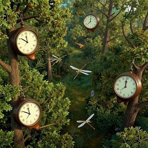 Photograph of five vintage clock faces hanging from tree branches in a dense, green forest, with two dragonflies flying between them.