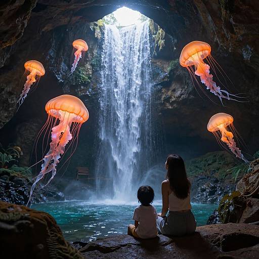 Photograph of a woman and child sitting in a dark cave, watching four glowing orange jellyfish and a cascading waterfall.