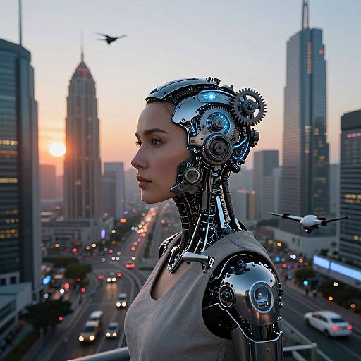 Photorealistic digital art of a cyborg woman with mechanical gears in her head, wearing a white tank top, in a bustling cityscape at sunset