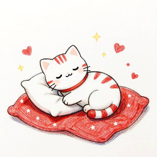 Cute Cartoon Kitten Sleeping on Pillow