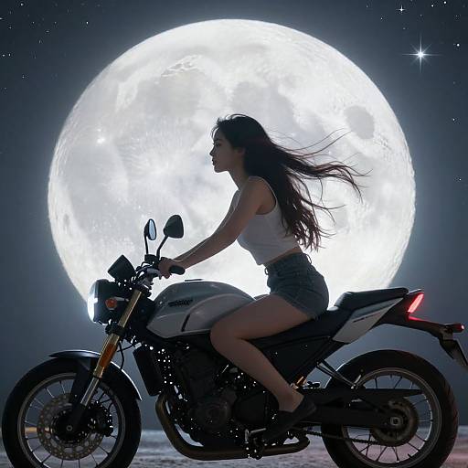 Silhouette of a woman with long hair riding a motorcycle against a glowing full moon in a starry night sky.