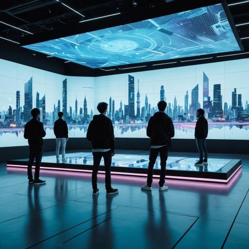 Futuristic Digital Gallery with Holographic Cityscape