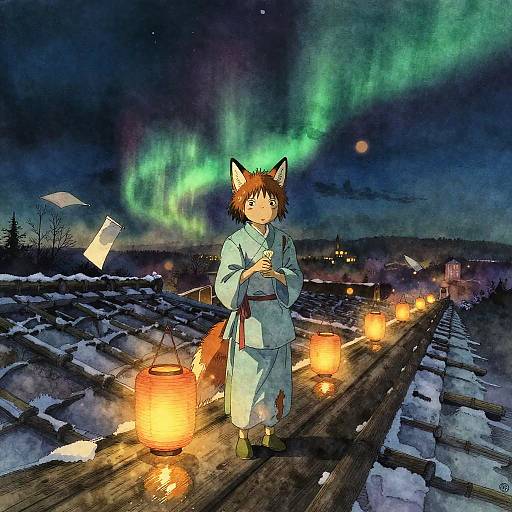 Anime-style illustration of a fox-eared girl in a white kimono, holding a lantern, standing on a snowy rooftop under vibrant green auroras.
