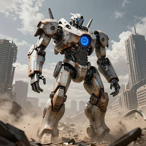 CGI image of a massive, white and rusted robotic warrior with a glowing blue eye standing in a ruined cityscape, surrounded by dust and debris
