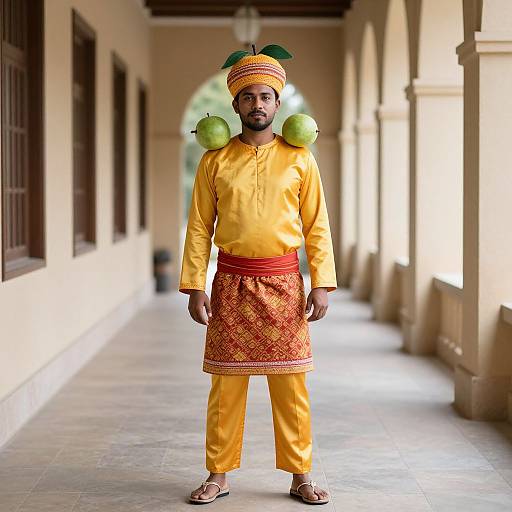 Photograph of a South Asian man in vibrant yellow traditional attire with orange-red waistcoat, green apple headpiece, standing in a beige corridor.