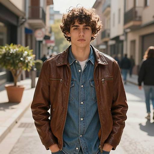 Photograph of a young man with curly brown hair, wearing a brown leather jacket over a denim shirt, standing on a sunlit, urban street with