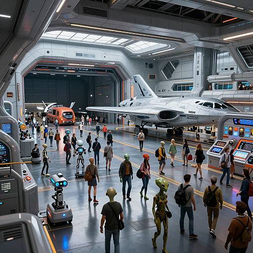 Photograph of a futuristic space hangar, bustling with diverse people in casual and sci-fi attire, surrounded by a spaceship, an orange truck, and