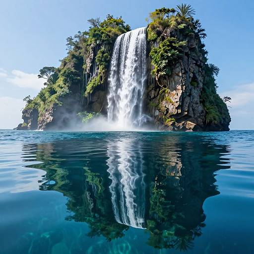Photograph of a tall waterfall cascading down a rocky, lush island into calm, blue water, with a clear reflection and mist.