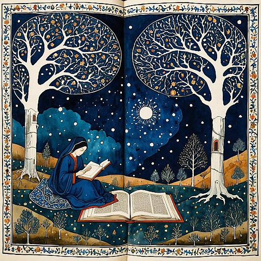 Illuminated Woman Reading Amid Ethereal Storms
