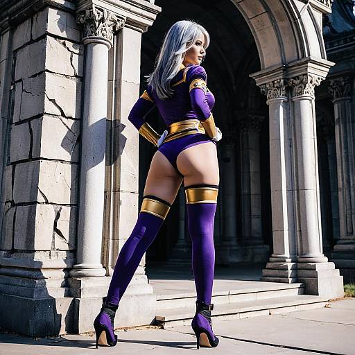 Cosplay Woman in Purple and Gold Bodysuit with Silver Hair