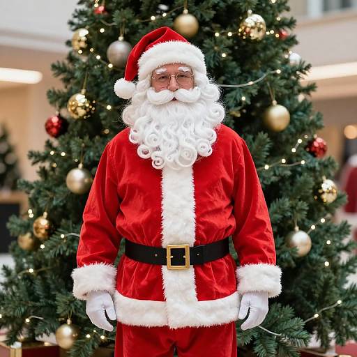 Photograph of a Santa Claus figure with a white beard, red suit, black belt, and white gloves, standing in front of a decorated Christmas tree