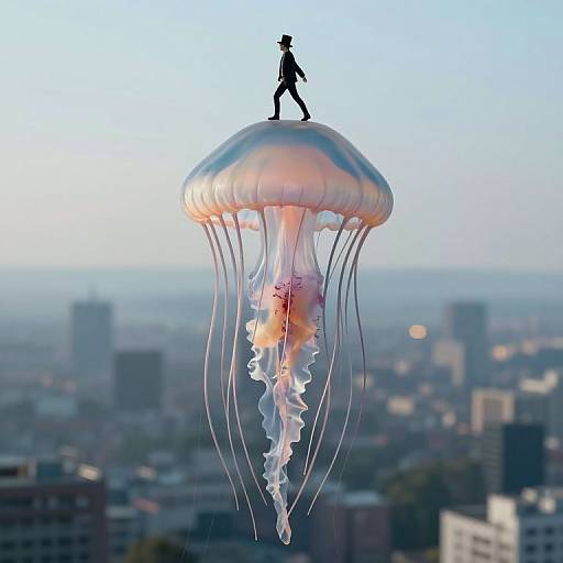 Photograph of a silhouetted man standing on top of a glowing, translucent jellyfish with long tentacles, floating above a cityscape with