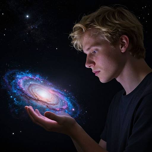Photograph of a blond, fair-skinned young man with wavy hair, wearing a black shirt, holding a glowing, colorful spiral galaxy against a