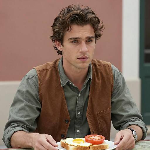 Young Man with Breakfast Outdoors