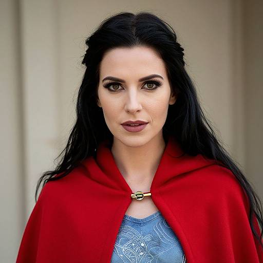 Photograph of a pale-skinned woman with dark, straight hair, wearing a red hooded cloak over a blue lace top, standing against a beige