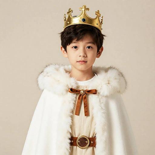 Photograph of an Asian boy with black hair, wearing a gold crown and white fur-trimmed royal robe with a brown ribbon.