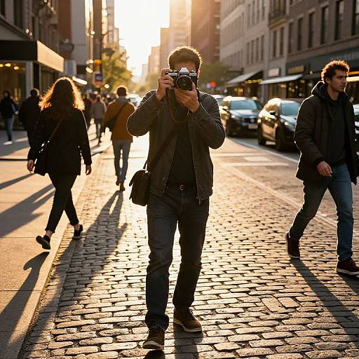Photograph of a man in a black jacket and jeans, holding a camera, standing on a sunlit cobblestone street, capturing cityscape at