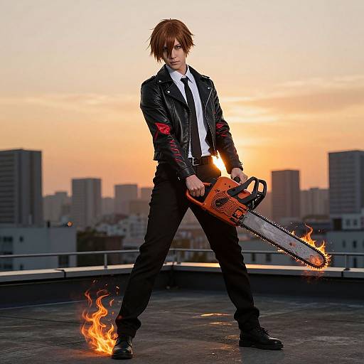 Photograph of a brown-haired man in a black leather jacket, white shirt, and black pants, holding a chainsaw with flames, standing on a
